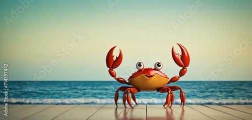  a crab sitting on top of a wooden floor in front of a body of water with a blue sky in the background and a wooden floor in the foreground.
