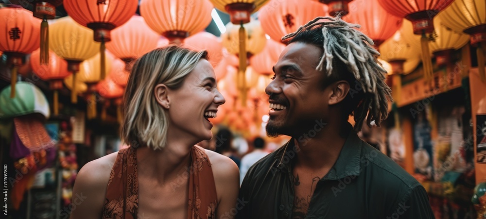Exploring Love: Vibrant Connection Between a Couple Embracing Local Culture