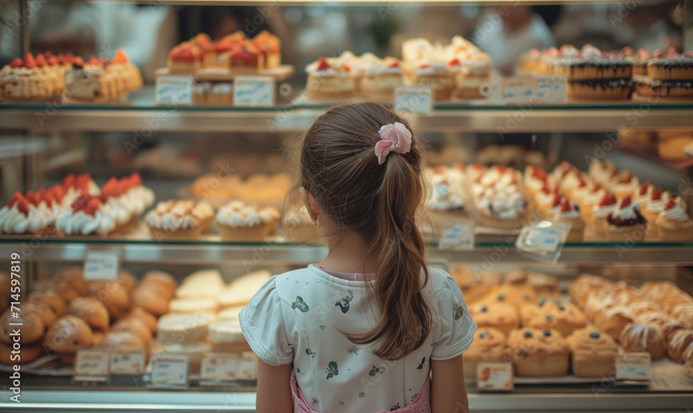 child is in front of the dessert counter of the bakery and lookind to pastry.