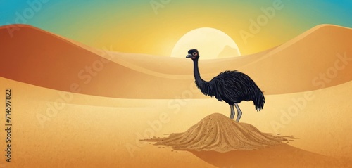  an illustration of an ostrich standing in the desert with the sun in the background and sand dunes in the foreground, with a blue sky and yellow sun in the background. photo