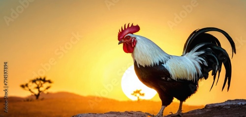 Fototapete a rooster standing on a rock in front of a sunset with a tree in the foreground and a silhouette of a tree in the background with a yellow sky