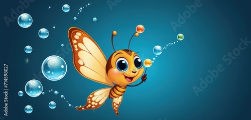  a close up of a bee flying through the air with bubbles on it s back and a bubble in the air behind it s back  with bubbles on a blue background.