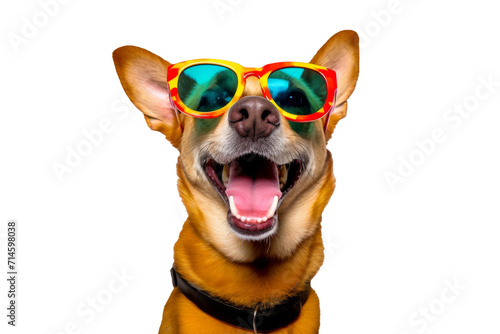 A funny, stylish dog wearing colorful sunglasses, isolated on a transparent background © Mikhail
