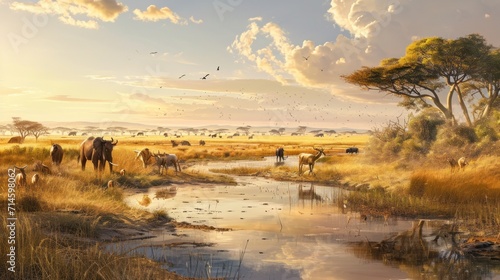  a painting of a herd of cattle grazing in a field next to a small stream of water with a sunset in the background and a few clouds in the sky.