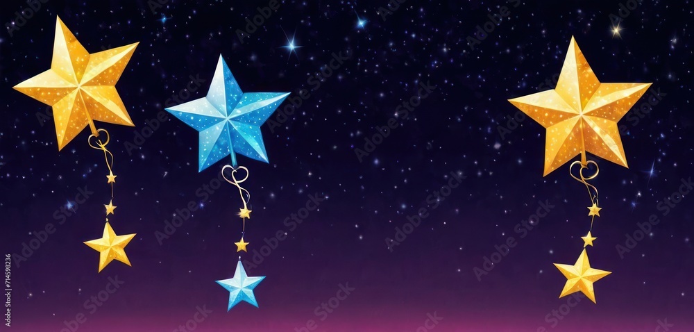 three golden and blue stars hanging from a string on a purple and purple background with stars in the sky and stars hanging from a string on the side of the wall. three golden and blue stars hanging from a string on a purple and purple background with stars in the sky and stars hanging from a string on the side of the wall.