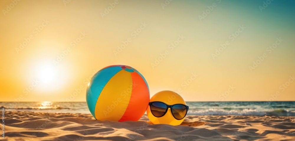  a beach ball and sunglasses sitting in the sand on a beach with the sun setting over the ocean and a beach chair in the foreground with the ocean in the background.