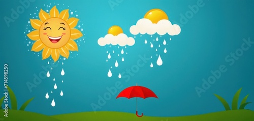  a cartoon picture of a sun and a red umbrella in the rain  with a blue sky and clouds in the background  with rain drops falling from the sun.