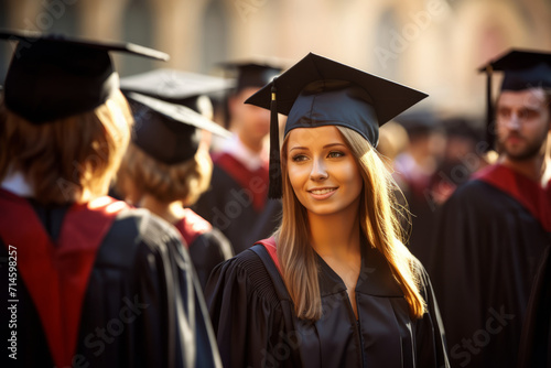 Portrait of a beautiful girl graduate are wearing gown and hat at graduation. Shallow depth of field