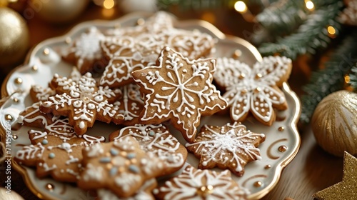  a plate of christmas cookies on a table next to a christmas ornament and a gold ornament ornament ornament on a christmas tree.