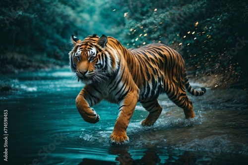 Sumatran tiger running in the water. Tiger in natural habitat.