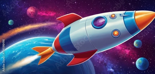  a painting of a rocket ship flying in the sky over a planet with a star in the middle of the space, with the sun in the middle of the background.