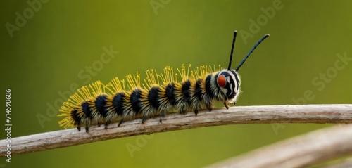  a close up of a caterpillar on a branch with a blurry backround behind it and a blurry backround of grass in the background.