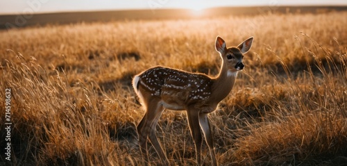  a small deer standing in the middle of a field of tall grass with the sun shining on it's back and it's head in the foreground.