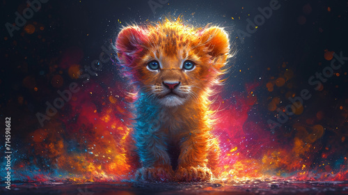 detailed illustration of a print of colorful baby lion