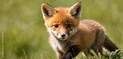  a close up of a small fox in a field of grass with it's face slightly to the right of the camera and it's eyes wide open mouth.