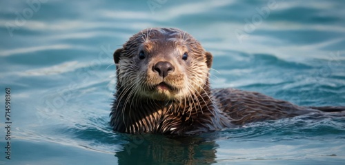  a close up of a sea otter swimming in a body of water with it's head above the water's surface and it's surface, looking at the camera. © Jevjenijs