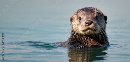  a close up of a wet otter swimming in a body of water with it's head above the water's surface and it's surface, looking at the camera.