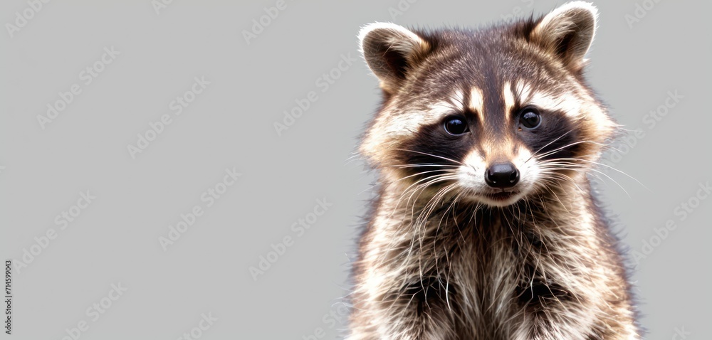  a close up of a raccoon's face with one eye open and one paw on the other side of the raccoon's face, on a gray background.