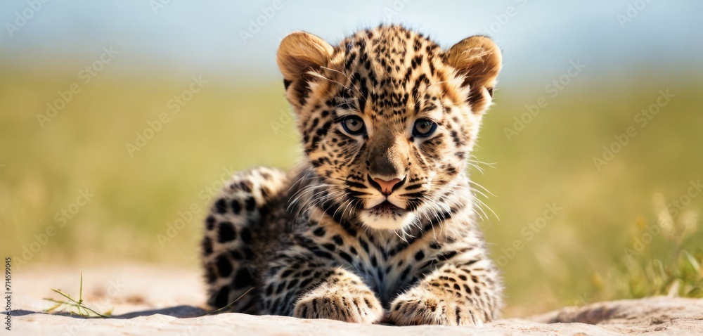 a close up of a baby leopard laying on a dirt ground with grass in the back ground and a blue sky in the back ground behind the baby leopard is looking at the camera. a close up of a baby leopard laying on a dirt ground with grass in the back ground and a blue sky in the back ground behind the baby leopard is looking at the camera.