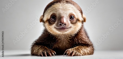  a close up of a baby sloth looking at the camera with a smile on it's face and one paw on the other side of the sloth. photo