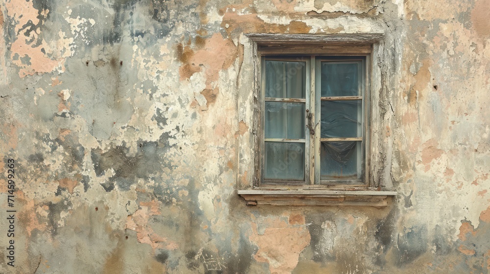  a window on the side of a building with peeling paint on the walls and a broken window pane on the side of the building with peeling paint on the walls.