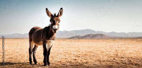 a small donkey standing in the middle of a dry grass field with a mountain range in the distance in the distance in the distance is a blue sky with no clouds in the foreground. photo