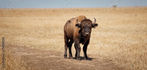  a bison standing on a dirt road in the middle of a field of dry grass and dry grass is in the foreground  with a blue sky in the background.