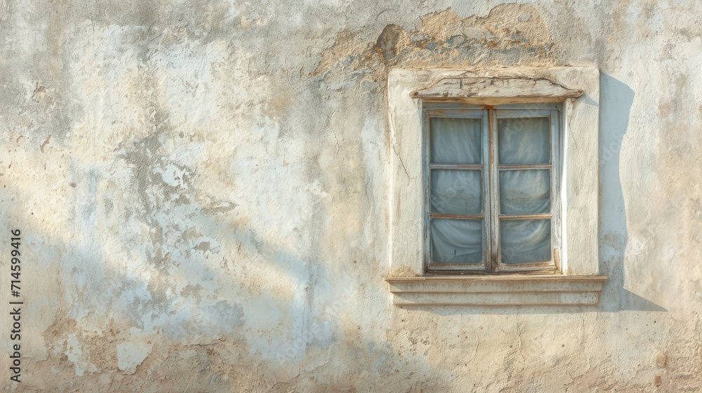  a window on the side of a building with a curtain hanging from it's window sill and a cat sitting on the window sill in front of the window.