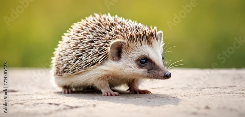  a close up of a small hedgehog on a cement surface with a blurry back ground behind it and a blurry back ground behind the hedgehog, looking at the camera.
