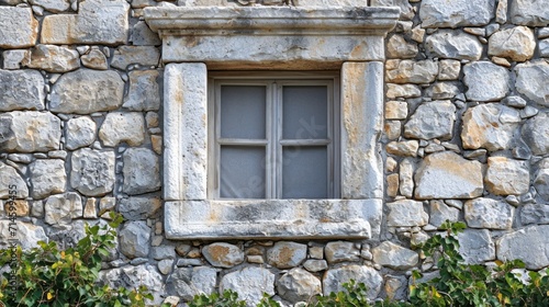  a window on the side of a stone building with a window pane on the side of the building with a bird perched on top of the window sill.