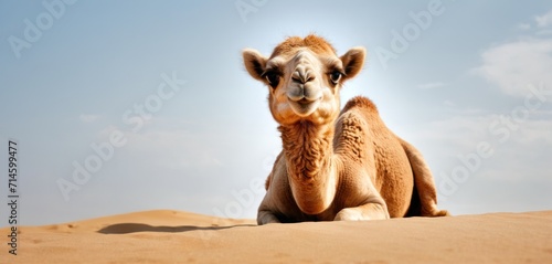  a camel sitting in the middle of a desert looking at the camera with a blue sky in the back ground and a few white clouds in the sky in the background. photo