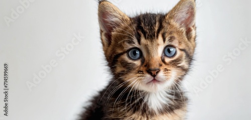  a small kitten with blue eyes is looking at the camera with a sad look on it's face, while sitting on a white surface with a white wall in the background.