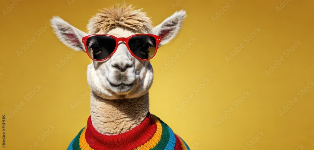  a close up of a llama wearing sunglasses and a sweater with a rainbow stripe on the bottom of the llama's neck, with a yellow background.