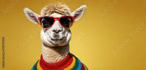  a close up of a llama wearing sunglasses and a sweater with a rainbow stripe on the bottom of the llama's neck, with a yellow background.