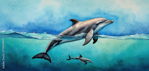  a painting of a dolphin and its calf swimming in a body of water with a blue sky in the background and a few clouds in the sky above the water.