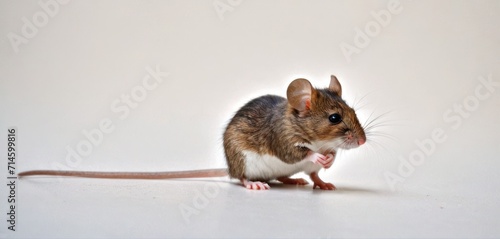  a brown and white mouse standing on its hind legs on a white surface with its front paws on the mouse's back end of the mouse's body.
