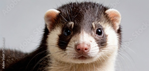  a close up of a ferret's face looking at the camera with a sad look on it's face and a blurry look on its face.