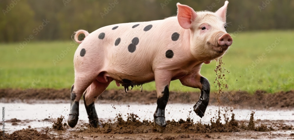 a pig that is standing in the mud with its legs in the air and it's head sticking out of it's mouth and it's body. a pig that is standing in the mud with its legs in the air and it's head sticking out of it's mouth and it's body.