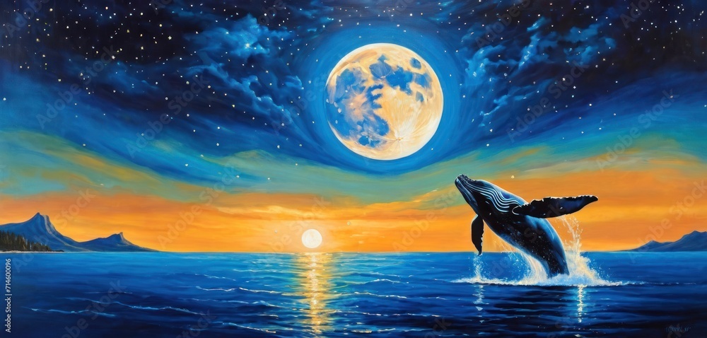  a painting of a humpback whale jumping out of the water at night with a full moon in the sky above the water and a mountain range in the distance.