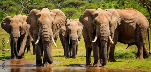  a herd of elephants standing next to each other near a body of water with trees in the background and grass in the foreground, and water in the foreground.