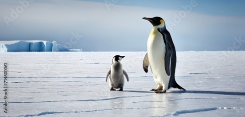  a couple of penguins standing next to each other on a frozen lake with icebergs in the background and one penguin looking at the other penguin in the same direction.