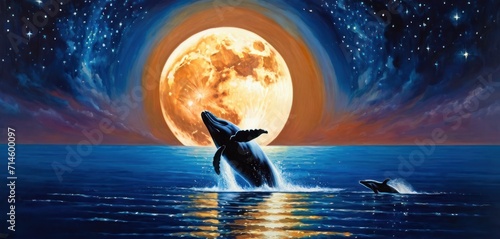  a painting of a dolphin jumping out of the water in front of a full moon with a dolphin jumping out of the water in front of it's surface. photo