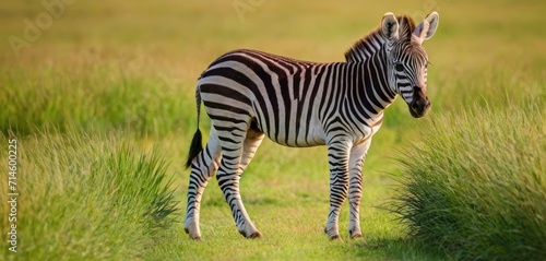  a zebra standing in a grassy field with tall grass in the foreground and another zebra in the background looking at the camera with a serious look on its head.