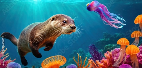  a picture of a sea otter swimming in the ocean with jellyfish and jellyfish on the bottom of the water and on the bottom of the picture is a jellyfish. photo