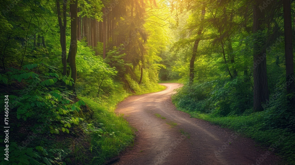 Obraz premium a dirt road in the middle of a forest with trees on both sides of the road and the sun shining through the trees on the other side of the road.