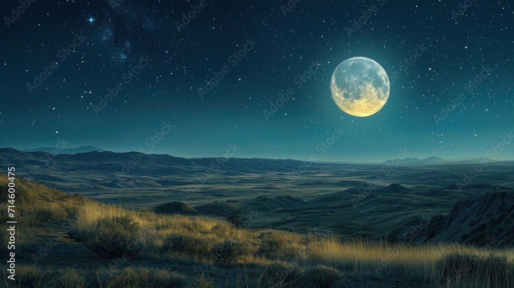  a view of a full moon in the night sky with mountains in the foreground and a field in the foreground with grass and bushes in the foreground.