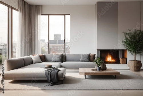 Scandinavian interior home design of modern living room with gray sofa and fireplace with big city view from the window