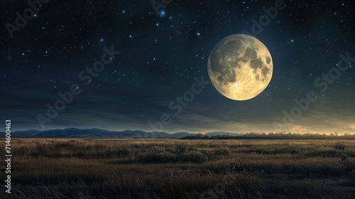  a full moon in the night sky above a field of tall grass and a field of tall grass with tall grass in the foreground and a distant mountain range in the distance.