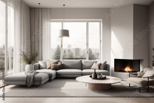 Scandinavian interior home design of modern living room with gray sofa and fireplace with big city view from the window