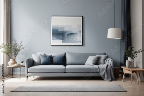 Scandinavian interior home design of modern living room with dirty blue sofa and stucco wall with abstract poster frame